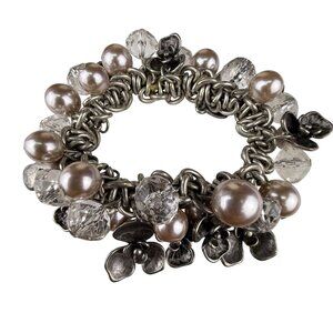 Chunky Silver Tone Bracelet W/ Pearl Beads & Floral Accents 6.5-7.5 Stretch